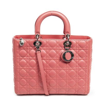 Dior Large Lady Dior Zip Shoulder Bag. Made from Cannage Lambskin Leather with Pink Leather 
