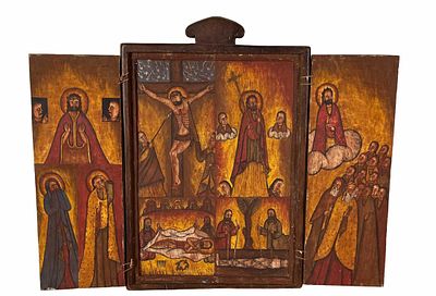 SUPERB ETHIOPIAN TRIPTYCH ICON DEPICTION OF CRUCIFIXION AND RESURRECTION/ASCENSION. Height: 