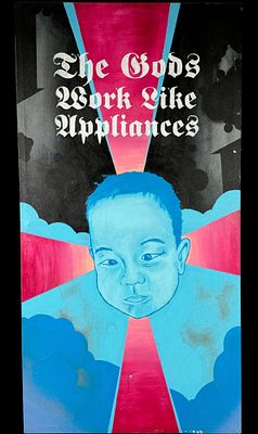 2003 JAMES BURNS "THE GODS WORK LIKE APPLIANCES" ACRYLIC ON CANVAS. Height: 49 in. by Width: 