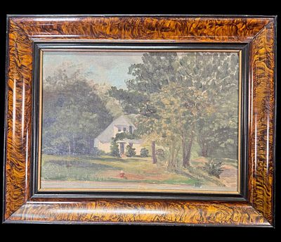 SIGNED LANSCAPE WITH WHITE HOUSE. AN IMPRESSIONISTIC LANDSCAPE DEPICTING A WHITE HOUSE NESTLED 