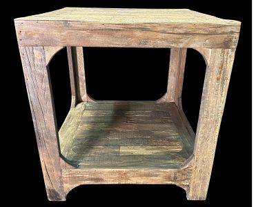 RUSTIC RECLAIMED WOOD TWO-TEIR SIDE TABLE. Height: 24 in. by Width: 22.25 in. by Depth: 22.25 in.