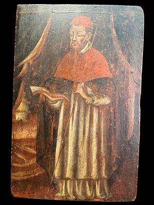 CARDINAL SAINT ICON ON WOOD. Height: 11.75 in. by Width: 7.5 in. by Depth: .75 in.