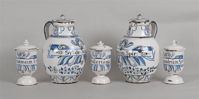 Five North European Style Tin Glazed Earthenware Apothecary/Drug Jars. Five North European Style 