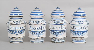 Four North European Style Tin Glazed Earthenware Covered Apothecary/Drug Jars. Four North 