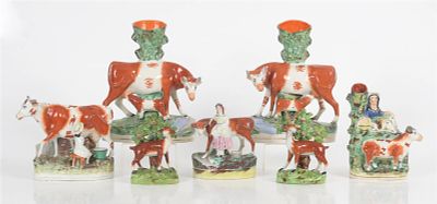 Group of Seven Staffordshire Glazed Earthenware Figural Groups. An Assembled Group of Seven 