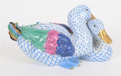 Herend Porcelain Blue Fishnet Group; Two Ducks. A Large Herend Porcelain Blue Fishnet Figural 