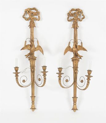 Pair of Italian Neoclassical Carved Giltwood and Tole Wall Sconces. A Pair of Italian 