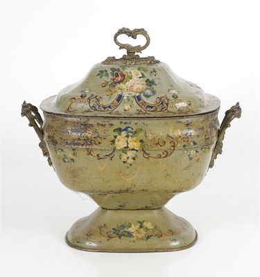 English Rococo Style Polychromed Tole Peinte Coal Bin. An English Rococo Style Polychromed Tole 