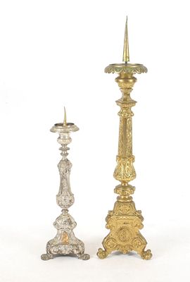 Two Baroque Style Gilt Bronze and Silvered Metal Floor Prickets. Two Ecclesiastical Baroque 