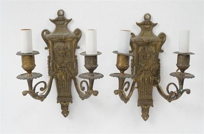 Pair of Neoclassical Style Gilt Bronze Two Light Wall Sconces. A Pair of Neoclassical Style Gilt 