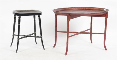 Continental Red-Painted Tole Tray on Faux Bamboo Stand. A Continental Parcel Gilt, Ebonized and 