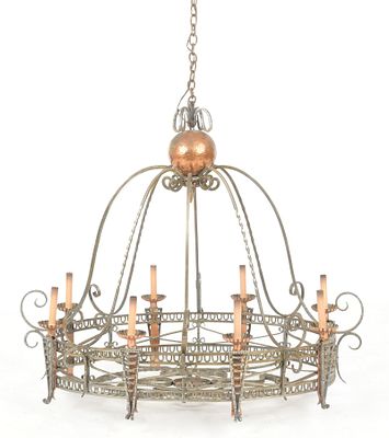 Art Deco Copper Mounted Wrought Iron Eight Light Chandelier. An Art Deco Copper Mounted Wrought 