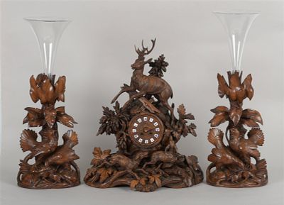Black Forest Carved Linden Wood Three Piece Clock Garniture. A Good Quality German Black Forest 