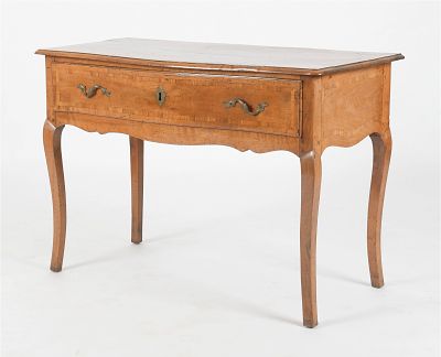 Louis XV Provincial Fruitwood Inlaid Walnut Console Table. A Louis XV Provincial Fruitwood 