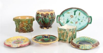 Assembled Group of Seven Majolica Table Articles. An Assembled Group of Seven Majolica Table 