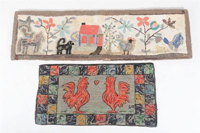 Two American Pictorial Hooked Rugs, 20th Century. The smaller rug decorated with two roosters 