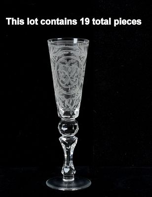 A Set of Nineteen Crystal Champagne Flutes, Russian Decoration. 20th century Bohemian crystal. 
