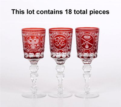 A Set of Eighteen Red Cut to Clear Goblets, Russian Decoration. 20th century Bohemian crystal. 