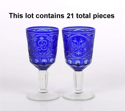 A Set of Twenty Blue Cut to Clear Goblets, Russian Decoration. 20th century Bohemian crystal. 