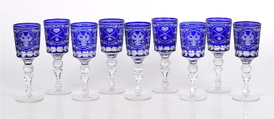 A Set of Nine Blue Cut to Clear Goblets, Russian Decoration. 20th century Bohemian crystal. Each 