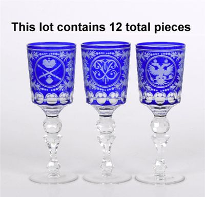 A Set of Twelve Blue Cut to Clear Goblets, Russian Decoration. 20th century Bohemian crystal. 
