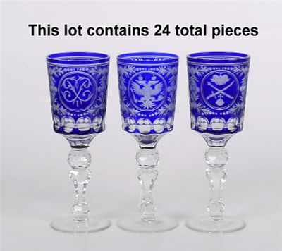 A Set of Twenty-Four Blue Cut to Clear Goblets, Russian Decoration. 20th century Bohemian 