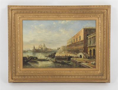 A Decorative Venetian Scene, Oil on Board. A View of Venice, with the Doge’s Palace and Punta 