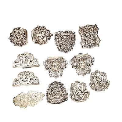 Large lot of Antique Sterling Silver Belt Buckles. A lot of sixteen belt buckles, there are 