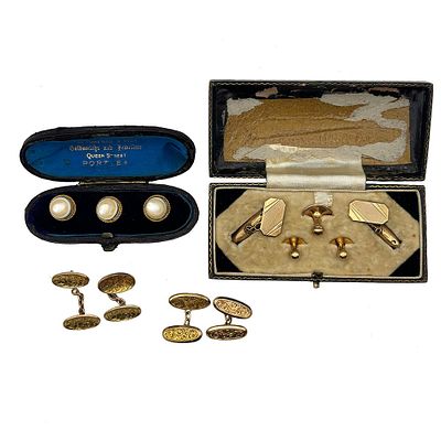 Antique 9ct and 15ct Gold Cufflink and Stud Set. Lot consists of a three piece stud sets in 
