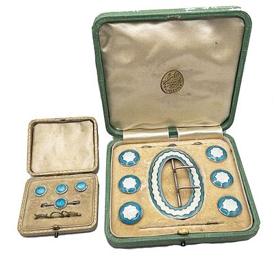 C1909 Sterling Silver Guilloche Enamel Belt Buckles and Button set with box. This lot consists 