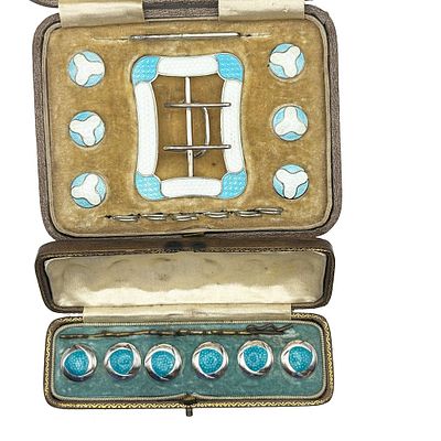 c1912 Antique Sterling Silver Guilloche enamel Belt Buckle and Button set in Box. The lot 