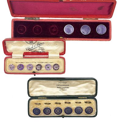 C1910 Sterling Silver Amethyst & Enamel button box set. This lot consists of three sets of 