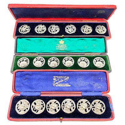 Three Sets of Antique Sterling Silver Buttons original Box. The 1st set is in the larger red box 