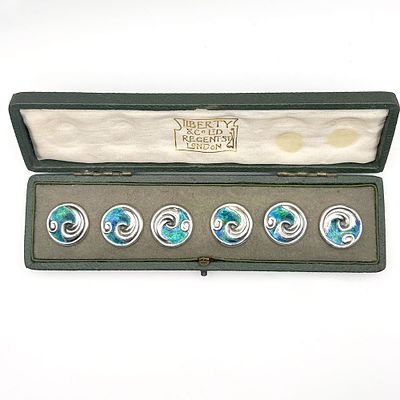 English Liberty & Co Cymric Sterling Silver Buttons. In the original box a set of Cymric enamel 