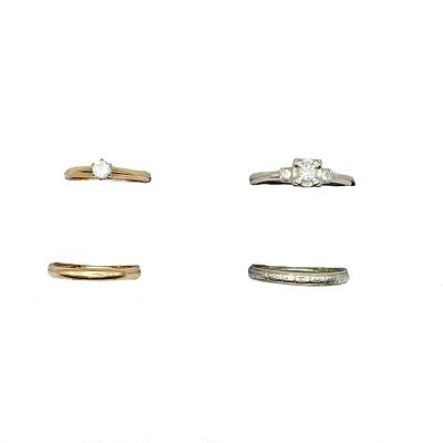 Two diamond wedding engagement ring sets. Set one is made of 14K white gold, with a .15pt 