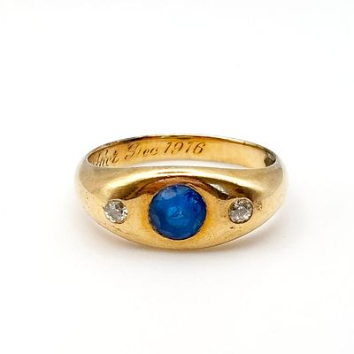 Dated 1916 14K Sapphire and Diamond Ring. Antique diamond and sapphire ring dated inside 1916 