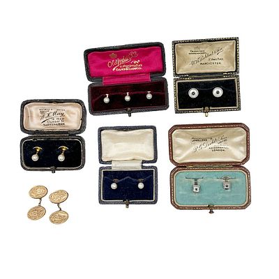 Antique 18K, 14K, 9K Stud Cufflink Box Set. The square shape marked Platinum, 18ct, the triple 