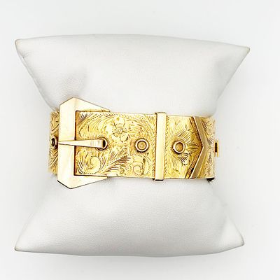 Antique 14K Yellow Gold Wide Buckle Bracelet. Antique bangle bracelet with a buckle motif. The 
