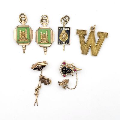 Six piece lot of 10K Fraternity Sorority Pin Charm. Most marked 10K, if unmarked was acid 