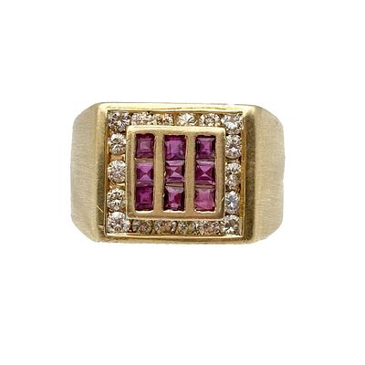14K Gold Mens Ruby and Diamond Ring. Size 8.25, .50ct tw diamonds, Marked 14K, weighs 5.6dwt. 