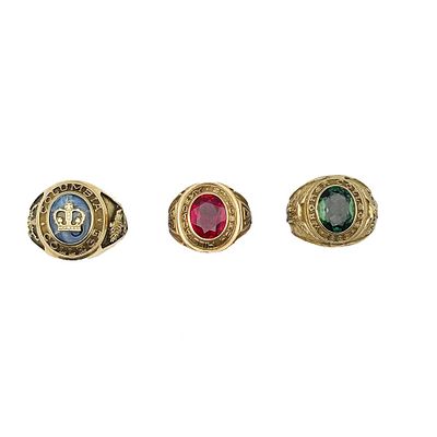 Three 10K Gold School Rings. Three school rings, all marked 10K, gross weight of 22.5dwt, sizes 