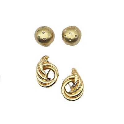 Two pairs of 14K Gold Earrings. The round pair has single cut diamonds, the earrings are made 