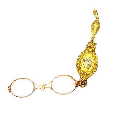 Antique 14K Gold Lorgnette. 14K Yellow gold Lorgnette with monogrammed initials on one side. The 