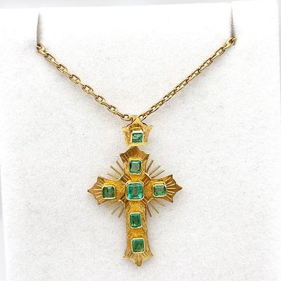 18K Colombian Emerald Cross Necklace. 18K Yellow gold cross on a 14K gold chain, The cross is 