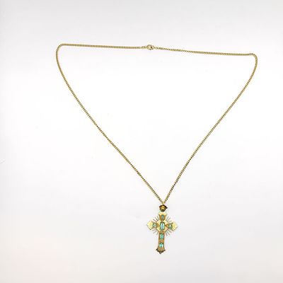 18K Colombian Emerald Cross Necklace. 18K Yellow gold cross on a 18K gold chain, The cross is 