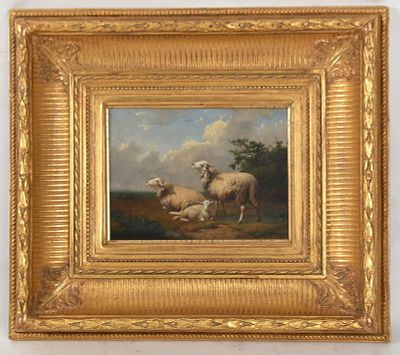 Joseph Van Dieghem (1843-1885) Oil on Panel 
A work depicting three sheep, signed at 