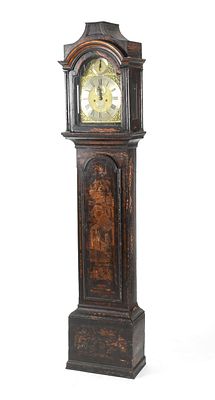 George II Black and Gilt Japanned Chinoiserie Decorated Tall Case Clock, Clapham. A George II 