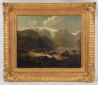 August I Lue (1819-1897) Oil on Canvas 
A mountainous landscape with a body of water 