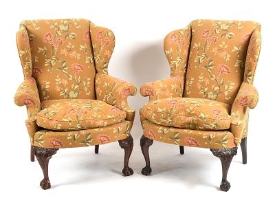 Pair of Chippendale Style Upholstered Wingback Chairs. A Pair of Chippendale Style Upholstered 