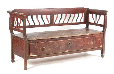 North European Neoclassical Red Grain-Painted Pine Settle Bench, 19th Century. A North European 